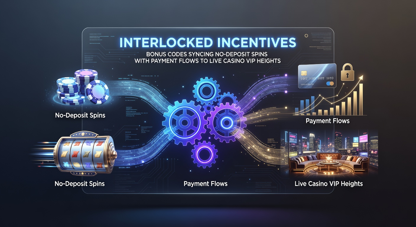 Grafische weergave van een bonuscode die gratis spins activeert en doorstroomt naar VIP-niveaus in live casino's, met pijlen die betalingsstromen verbinden