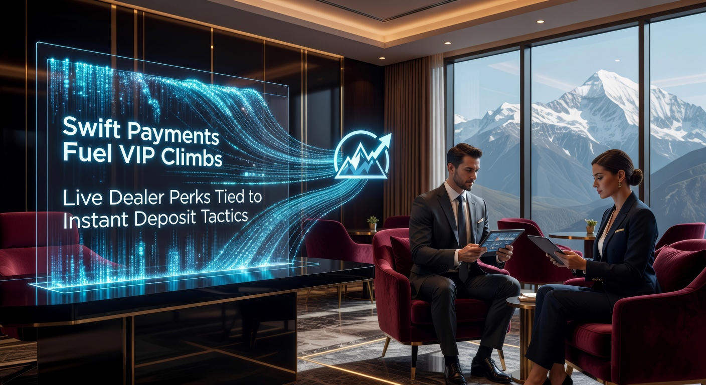 Grafiek die de snelle stijging van VIP-levels toont door instant stortingen in live dealer casino's, met iconen van betaalmethodes en jackpotchips