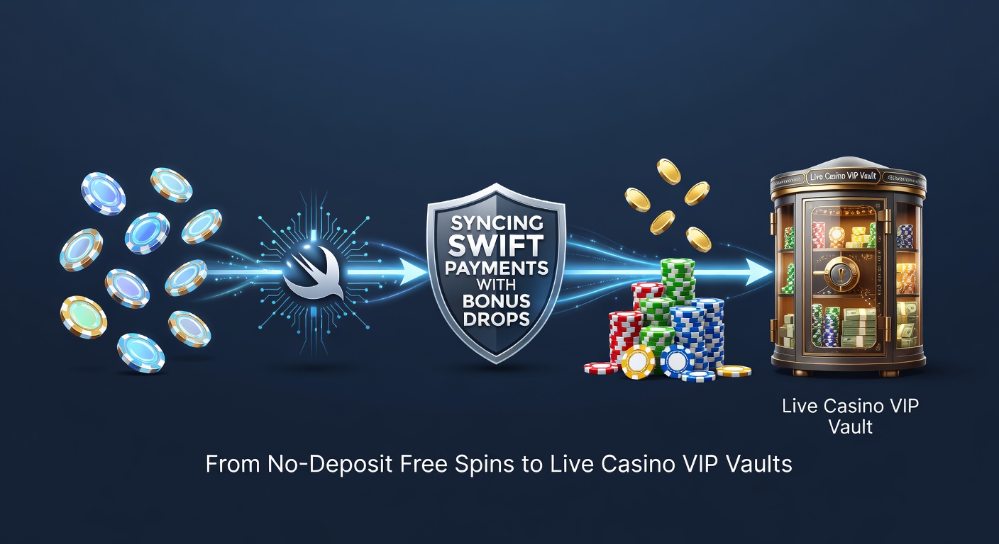 Grafiek van een naadloze bonusketen met pijlen van no-deposit spins naar VIP-beloningen in een digitaal casino