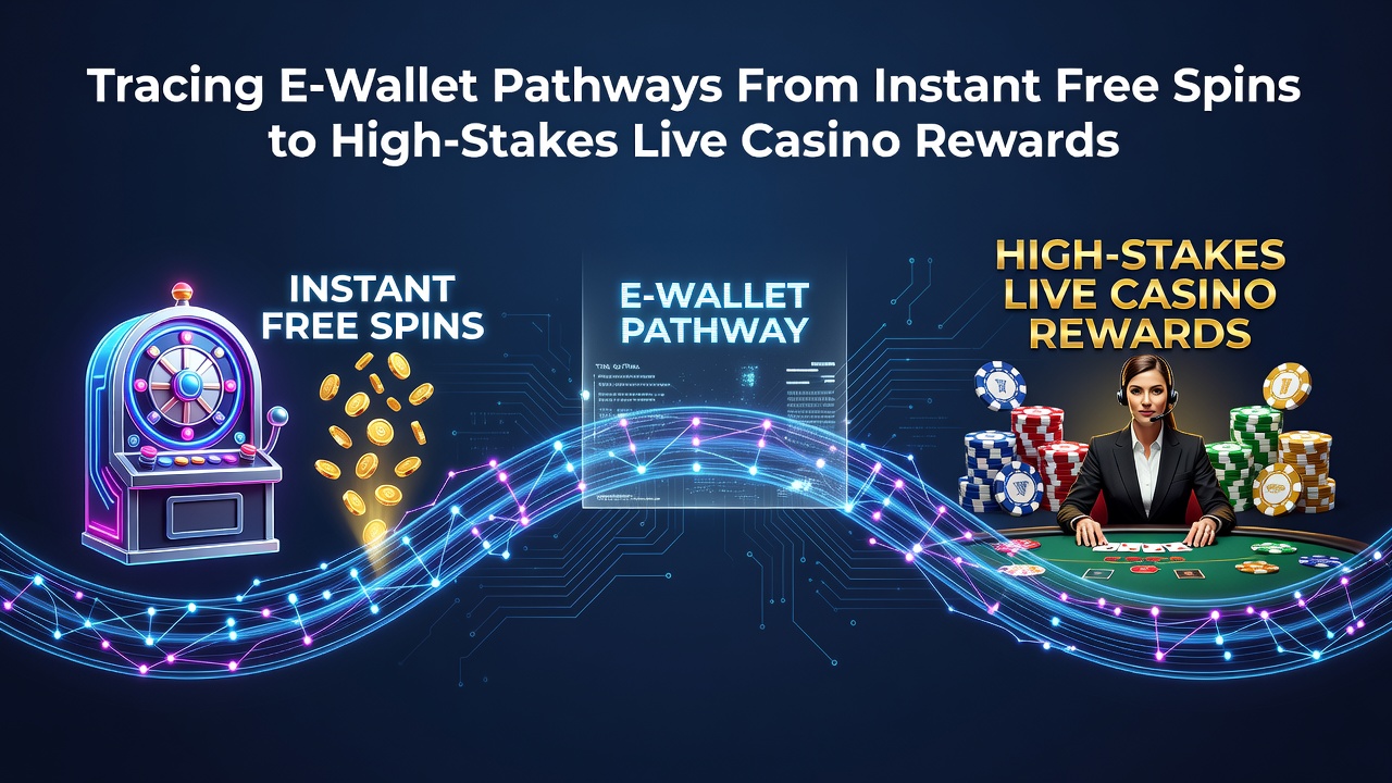 Diagram dat de stroom van e-wallet transacties van gratis spins naar live casino beloningen illustreert