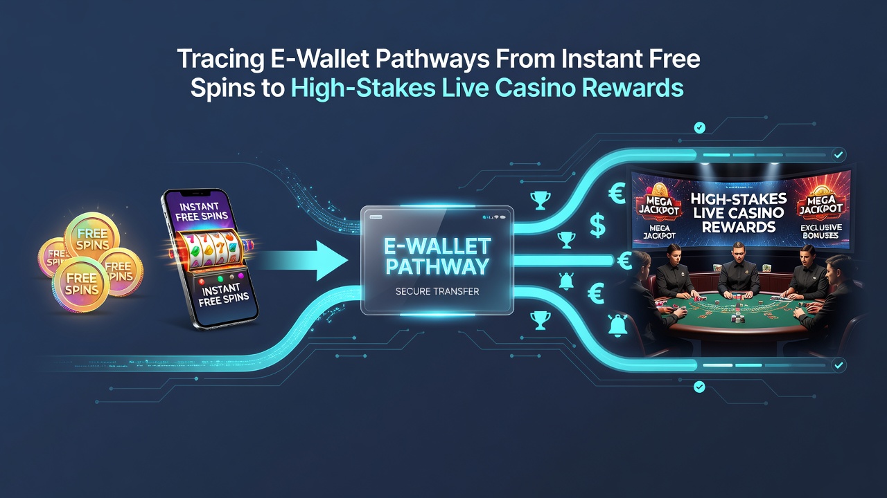 Visuele weergave van e-wallet verbindingen tussen mobiele gratis spins en high-stakes live dealer beloningen